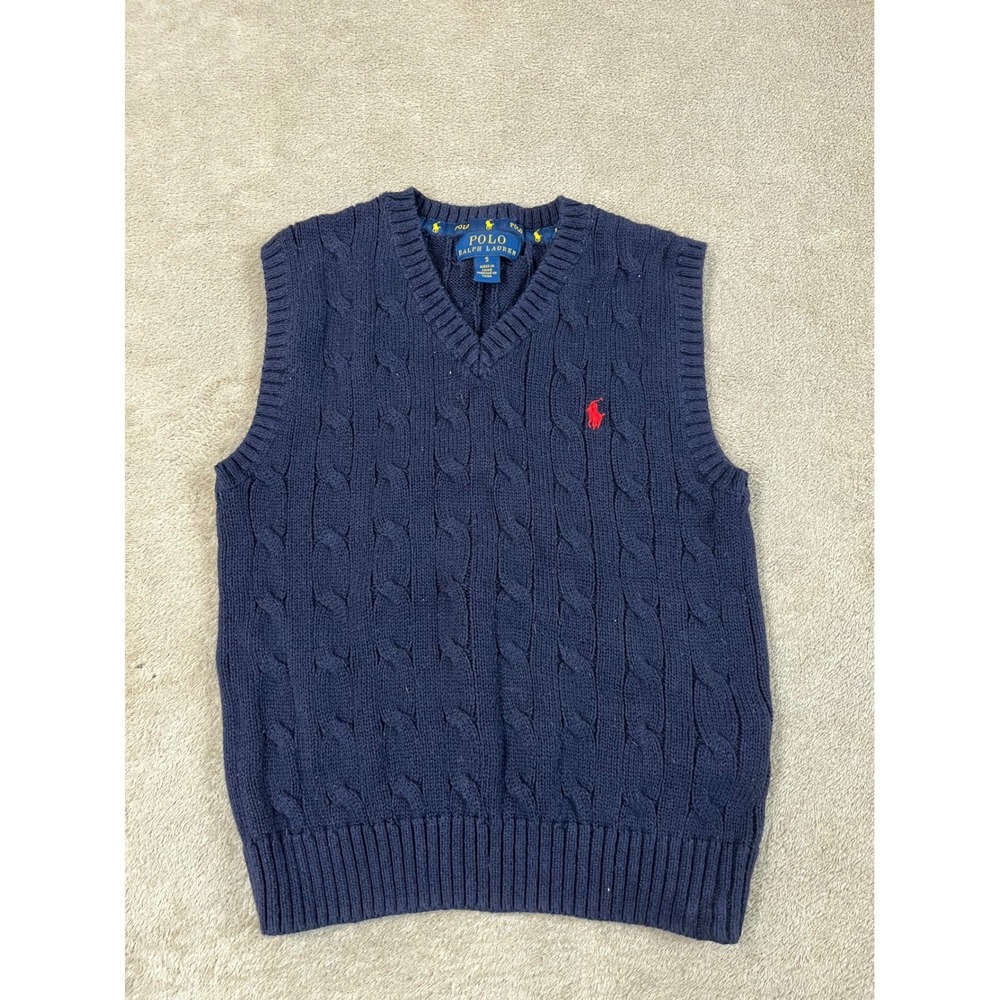Polo Ralph Lauren Cable-Knit Sweater Vest Kids Boys Size 5 Navy Blue Cotton EUC